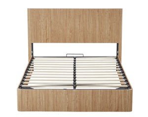 English Elm Queen Platform Bed Hydraulic Lift Storage Corrugated Wood Grain Headboard Modern Farmhouse Oak W1820S00085