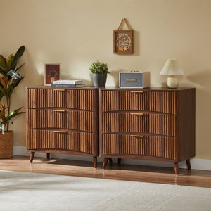 English Elm Fluted Mid-Century 3 Drawer Chest Set of Two with Grooved Panels and Tapered Legs Walnut W1820S00086