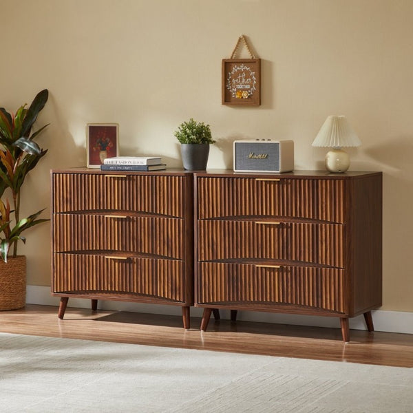 English Elm Fluted Mid-Century 3 Drawer Chest Set of Two with Grooved Panels and Tapered Legs Walnut W1820S00086