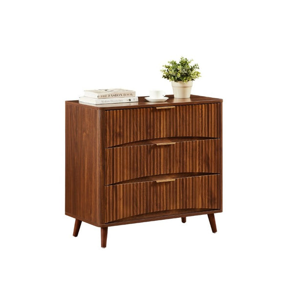 English Elm Fluted Mid-Century 3 Drawer Chest Set of Two with Grooved Panels and Tapered Legs Walnut W1820S00086