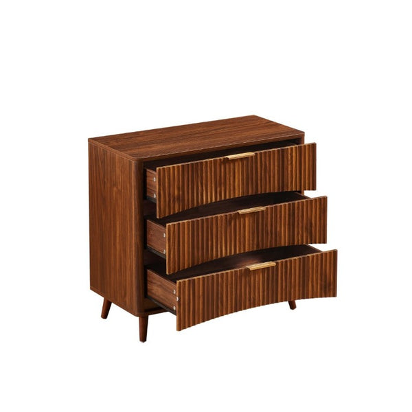 English Elm Fluted Mid-Century 3 Drawer Chest Set of Two with Grooved Panels and Tapered Legs Walnut W1820S00086