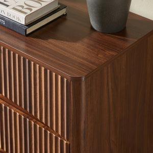 English Elm Fluted Mid-Century 3 Drawer Chest Set of Two with Grooved Panels and Tapered Legs Walnut W1820S00086