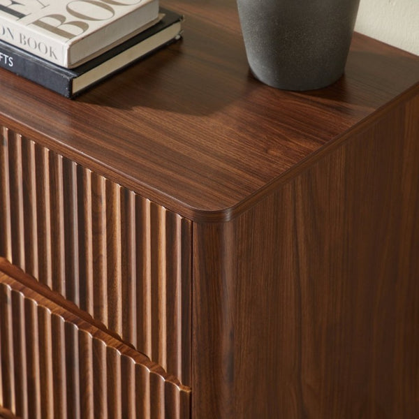 English Elm Fluted Mid-Century 3 Drawer Chest Set of Two with Grooved Panels and Tapered Legs Walnut W1820S00086
