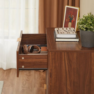 English Elm Fluted Mid-Century 3 Drawer Chest Set of Two with Grooved Panels and Tapered Legs Walnut W1820S00086