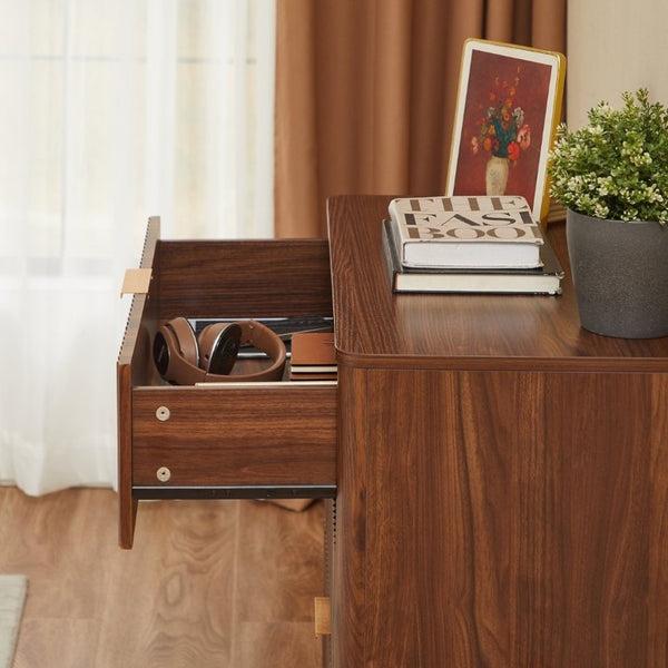 English Elm Fluted Mid-Century 3 Drawer Chest Set of Two with Grooved Panels and Tapered Legs Walnut W1820S00086