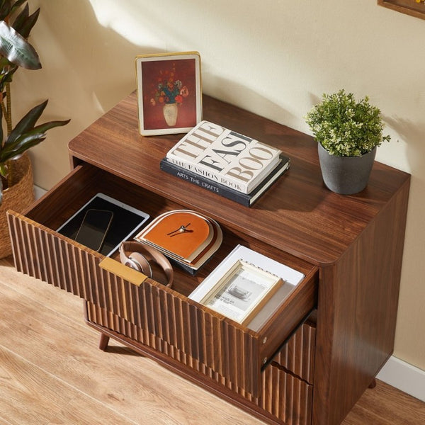 English Elm Fluted Mid-Century 3 Drawer Chest Set of Two with Grooved Panels and Tapered Legs Walnut W1820S00086