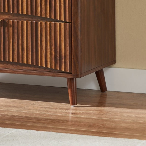 English Elm Fluted Mid-Century 3 Drawer Chest Set of Two with Grooved Panels and Tapered Legs Walnut W1820S00086