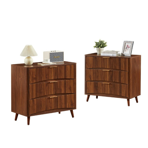 English Elm Fluted Mid-Century 3 Drawer Chest Set of Two with Grooved Panels and Tapered Legs Walnut W1820S00086