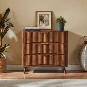 English Elm Fluted Mid-Century 3 Drawer Chest Set of Two with Grooved Panels and Tapered Legs Walnut W1820S00086