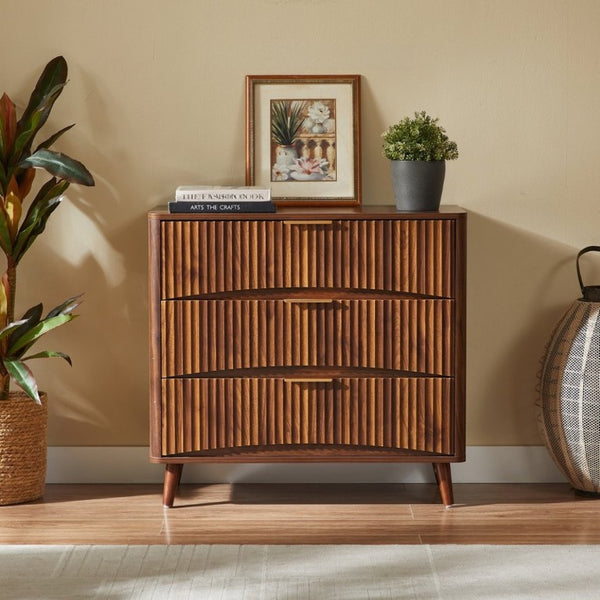 English Elm Fluted Mid-Century 3 Drawer Chest Set of Two with Grooved Panels and Tapered Legs Walnut W1820S00086