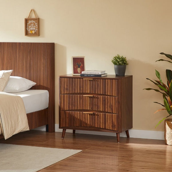 English Elm Fluted Mid-Century 3 Drawer Chest Set of Two with Grooved Panels and Tapered Legs Walnut W1820S00086