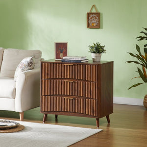 English Elm Fluted Mid-Century 3 Drawer Chest Set of Two with Grooved Panels and Tapered Legs Walnut W1820S00086