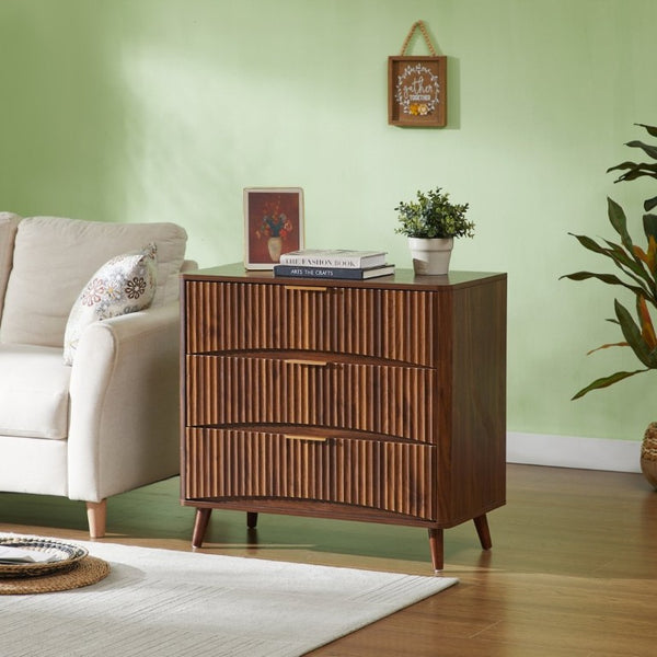 English Elm Fluted Mid-Century 3 Drawer Chest Set of Two with Grooved Panels and Tapered Legs Walnut W1820S00086