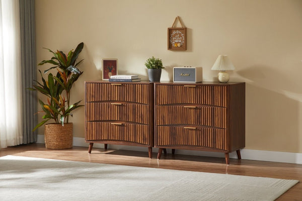 English Elm Fluted Mid-Century 3 Drawer Chest Set of Two with Grooved Panels and Tapered Legs Walnut W1820S00086
