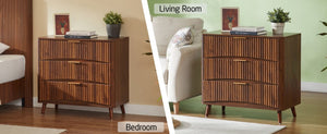 English Elm Fluted Mid-Century 3 Drawer Chest Set of Two with Grooved Panels and Tapered Legs Walnut W1820S00086