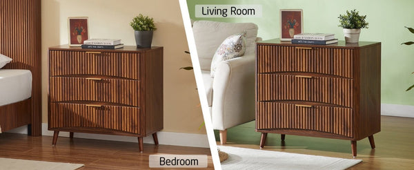 English Elm Fluted Mid-Century 3 Drawer Chest Set of Two with Grooved Panels and Tapered Legs Walnut W1820S00086