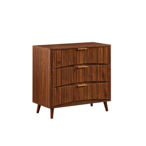 English Elm Fluted Mid-Century 3 Drawer Chest Set of Two with Grooved Panels and Tapered Legs Walnut W1820S00086