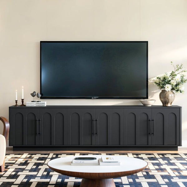 English Elm 94.5 Inch Low Profile Media Console Six Arched Doors Matte Finish Living Room Storage Black W1820S00088