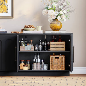 English Elm 94.5 Inch Low Profile Media Console Six Arched Doors Matte Finish Living Room Storage Black W1820S00088