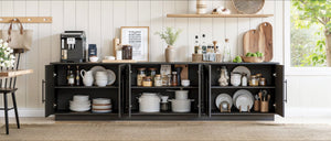 English Elm 94.5 Inch Low Profile Media Console Six Arched Doors Matte Finish Living Room Storage Black W1820S00088