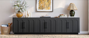 English Elm 94.5 Inch Low Profile Media Console Six Arched Doors Matte Finish Living Room Storage Black W1820S00088
