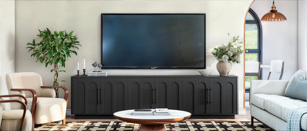English Elm 94.5 Inch Low Profile Media Console Six Arched Doors Matte Finish Living Room Storage Black W1820S00088