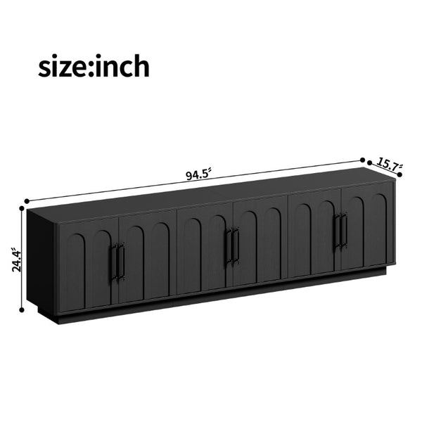 English Elm 94.5 Inch Low Profile Media Console Six Arched Doors Matte Finish Living Room Storage Black W1820S00088