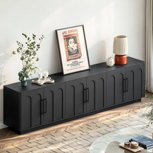 English Elm 94.5 Inch Low Profile Media Console Six Arched Doors Matte Finish Living Room Storage Black W1820S00088