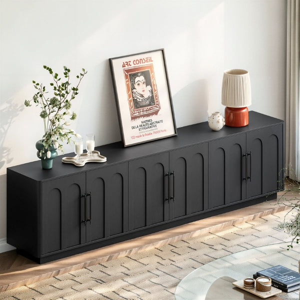 English Elm 94.5 Inch Low Profile Media Console Six Arched Doors Matte Finish Living Room Storage Black W1820S00088