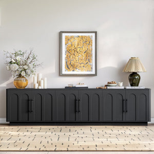 English Elm 94.5 Inch Low Profile Media Console Six Arched Doors Matte Finish Living Room Storage Black W1820S00088