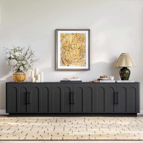 English Elm 94.5 Inch Low Profile Media Console Six Arched Doors Matte Finish Living Room Storage Black W1820S00088