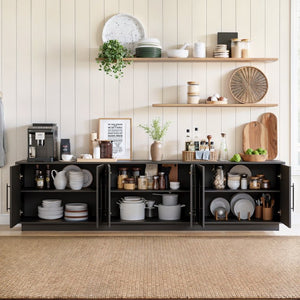 English Elm 94.5 Inch Low Profile Media Console Six Arched Doors Matte Finish Living Room Storage Black W1820S00088