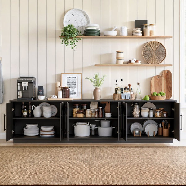 English Elm 94.5 Inch Low Profile Media Console Six Arched Doors Matte Finish Living Room Storage Black W1820S00088