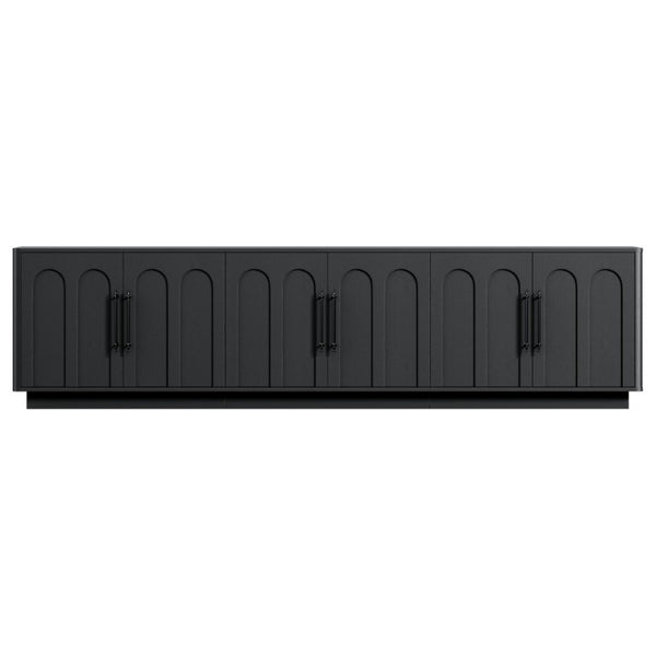 English Elm 94.5 Inch Low Profile Media Console Six Arched Doors Matte Finish Living Room Storage Black W1820S00088