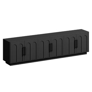 English Elm 94.5 Inch Low Profile Media Console Six Arched Doors Matte Finish Living Room Storage Black W1820S00088