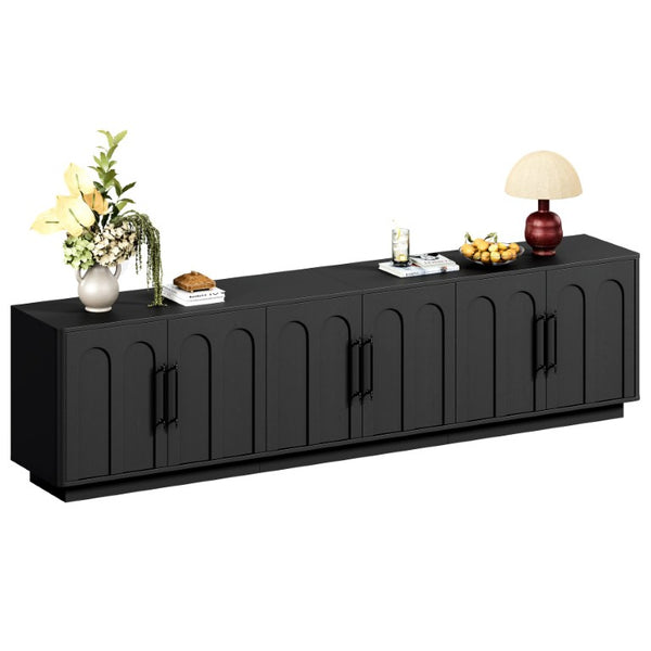 English Elm 94.5 Inch Low Profile Media Console Six Arched Doors Matte Finish Living Room Storage Black W1820S00088