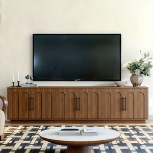 English Elm 94.5 Inch Low Profile Media Console Six Arched Doors Matte Finish Living Room Storage Walnut W1820S00089