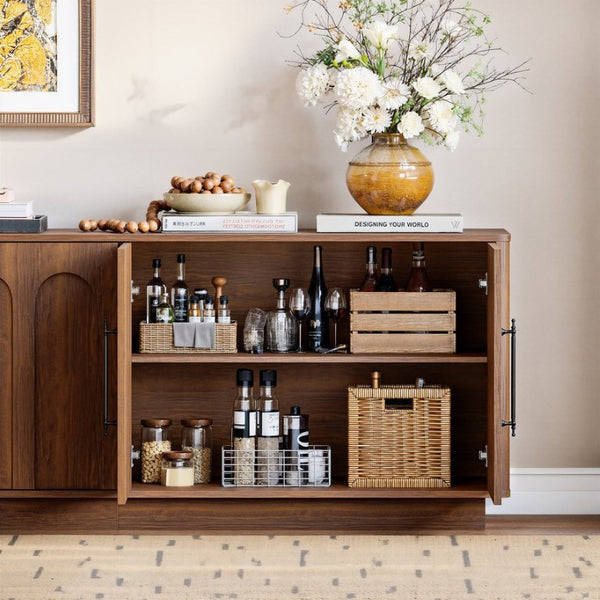English Elm 94.5 Inch Low Profile Media Console Six Arched Doors Matte Finish Living Room Storage Walnut W1820S00089