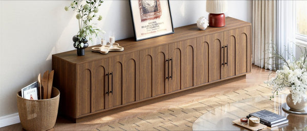 English Elm 94.5 Inch Low Profile Media Console Six Arched Doors Matte Finish Living Room Storage Walnut W1820S00089