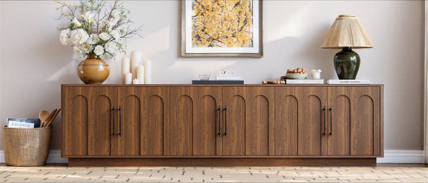 English Elm 94.5 Inch Low Profile Media Console Six Arched Doors Matte Finish Living Room Storage Walnut W1820S00089