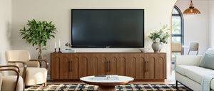 English Elm 94.5 Inch Low Profile Media Console Six Arched Doors Matte Finish Living Room Storage Walnut W1820S00089