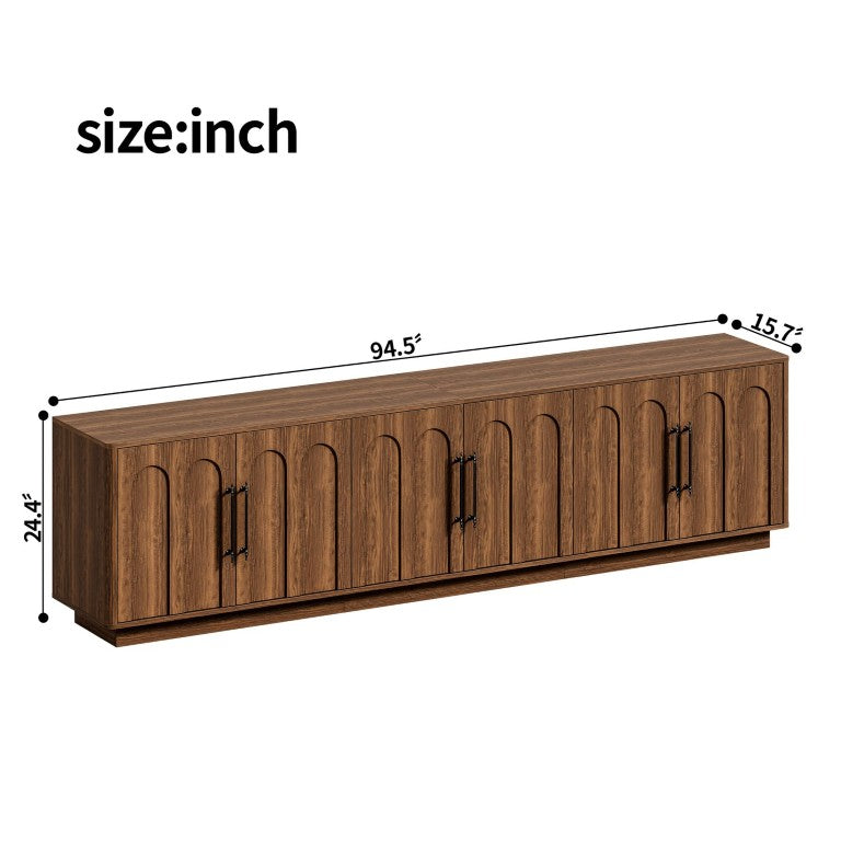 English Elm 94.5 Inch Low Profile Media Console Six Arched Doors Matte Finish Living Room Storage Walnut W1820S00089