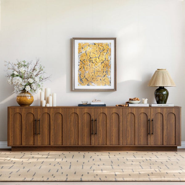 English Elm 94.5 Inch Low Profile Media Console Six Arched Doors Matte Finish Living Room Storage Walnut W1820S00089
