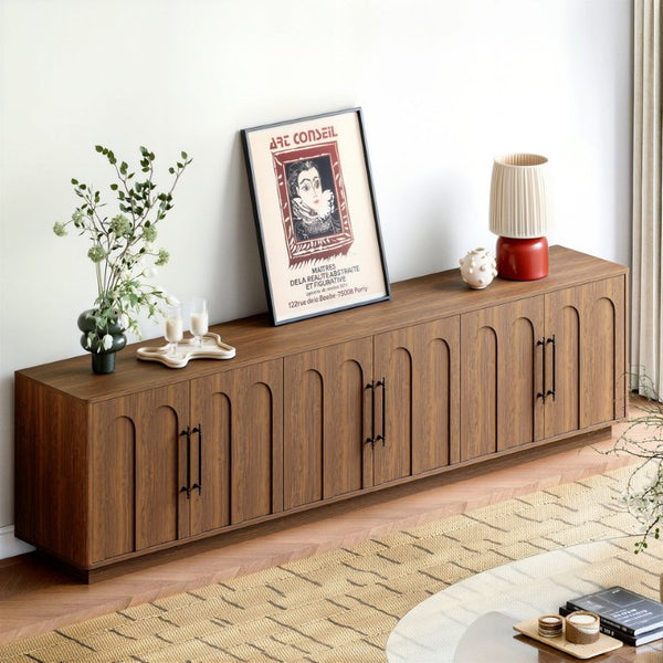 English Elm 94.5 Inch Low Profile Media Console Six Arched Doors Matte Finish Living Room Storage Walnut W1820S00089