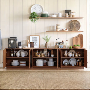 English Elm 94.5 Inch Low Profile Media Console Six Arched Doors Matte Finish Living Room Storage Walnut W1820S00089