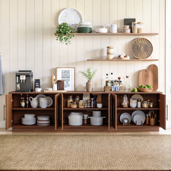 English Elm 94.5 Inch Low Profile Media Console Six Arched Doors Matte Finish Living Room Storage Walnut W1820S00089