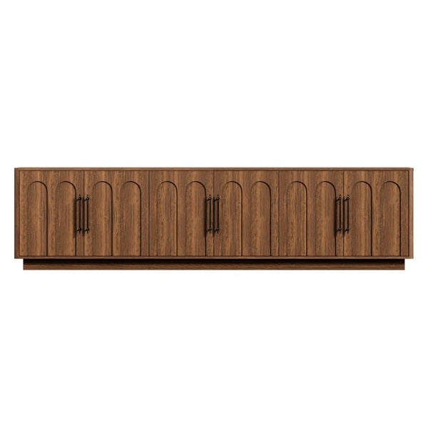 English Elm 94.5 Inch Low Profile Media Console Six Arched Doors Matte Finish Living Room Storage Walnut W1820S00089