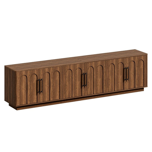 English Elm 94.5 Inch Low Profile Media Console Six Arched Doors Matte Finish Living Room Storage Walnut W1820S00089