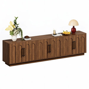 English Elm 94.5 Inch Low Profile Media Console Six Arched Doors Matte Finish Living Room Storage Walnut W1820S00089