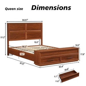 English Elm Queen Platform Bed Walnut Finish 3d Geometric Headboard Four Storage Drawers Bench W1820S00090